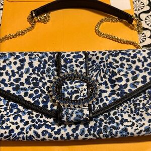 Lilly Pulitzer Blue, Black & White Leopard Print Clutch with Crystal Buckle